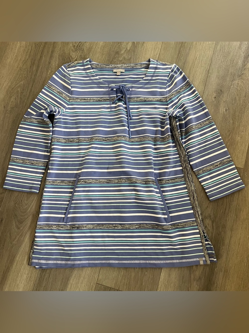 T by Talbots Striped Tunic Top Blue Green Lace Up 3/4 Sleeve Small